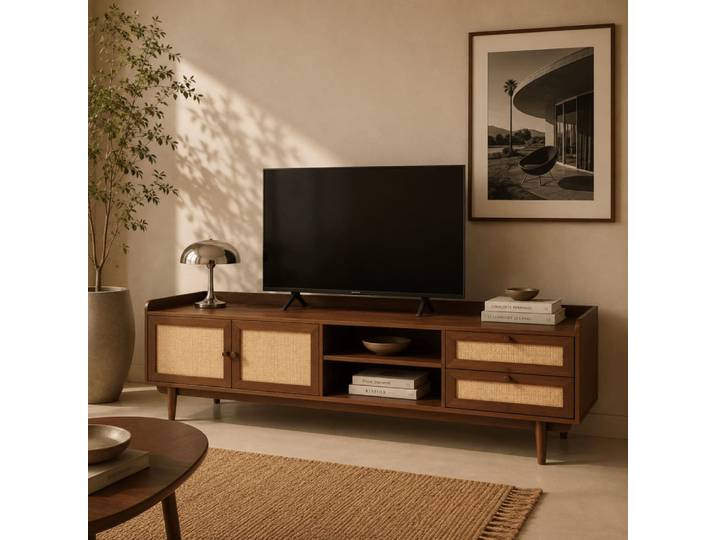 Meuble tv noyer et cannage 180cm