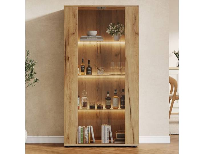 ULEVR vitrine 2 portes vitrées avec 4 étagères et LED réglable verre et panneaux de particules naturel 80x36x150 5 cm