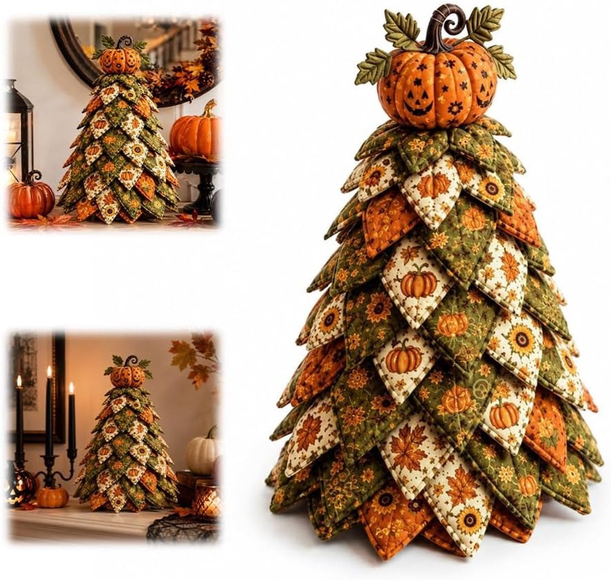 SNQ DIY Halloween gequilte stoffen kerstboomset met pompoen- en esdoornbladpatroon - 17 x 11 x 9 cm