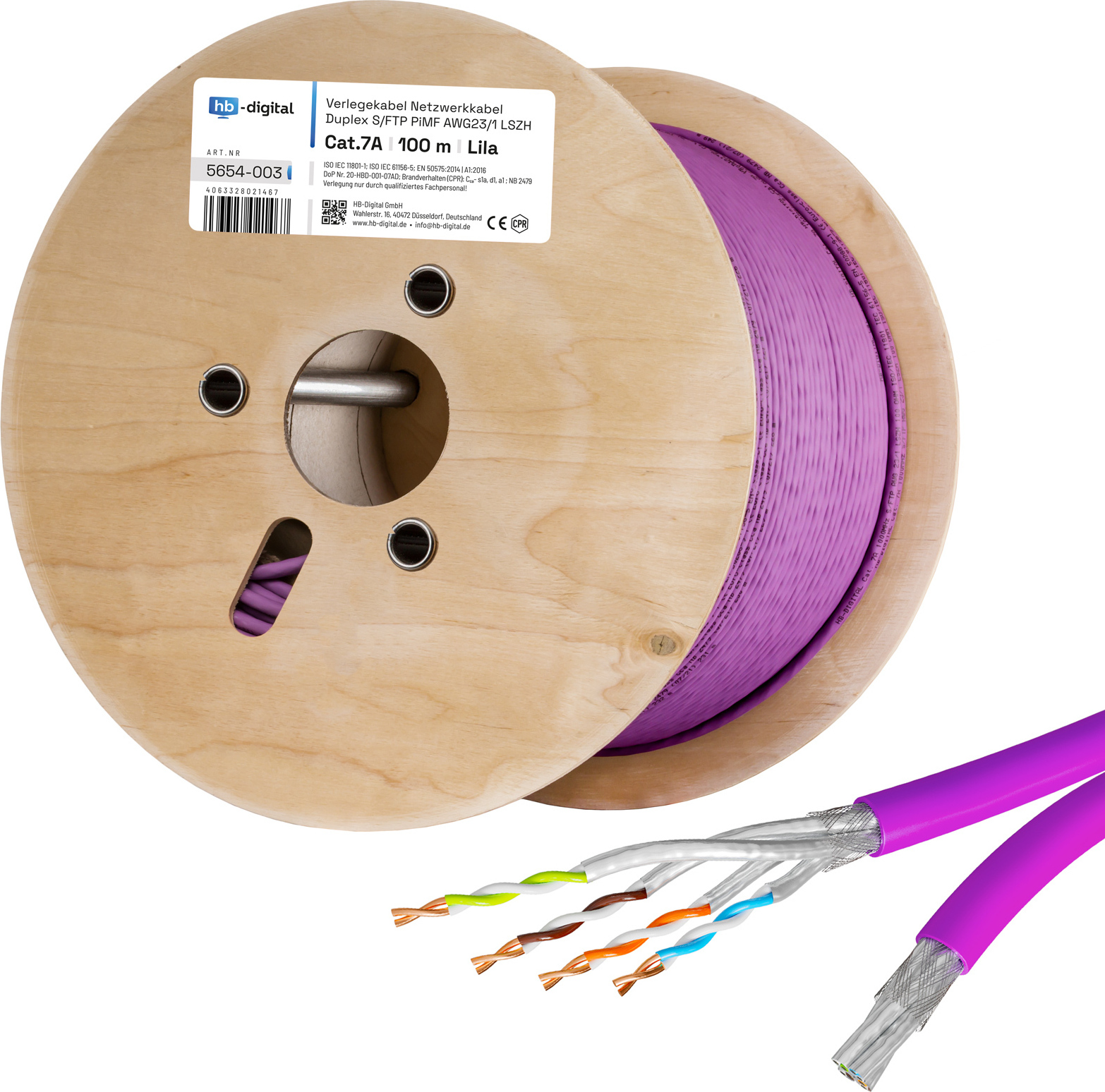 hb-digital Netzwerkkabel Duplex 100m CAT 7a Kabel max. 1200 MHz S/FTP AWG23 LSZH lila