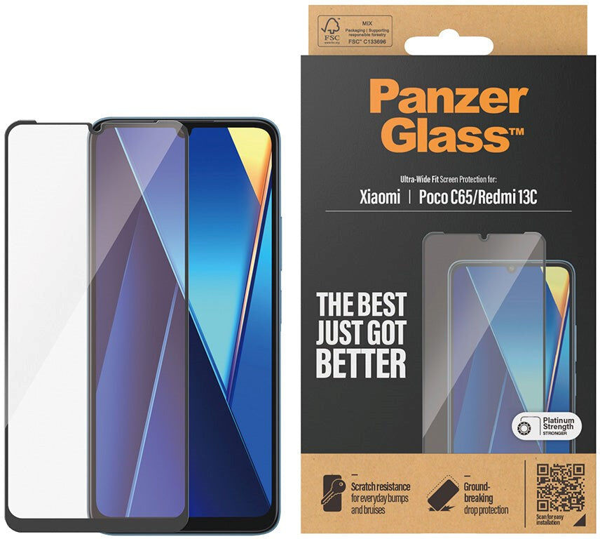 Xiaomi Poco C65 / Redmi 13C PanzerGlass Ultra Wide Fit Skærmbeskyttelsesglas - Platinum Strength - Sort Kant