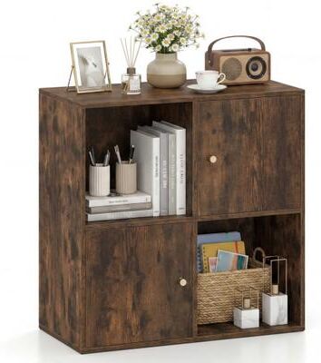 Costway 4-Cube Bookcase 3-Tier Bookshelf with Dual Anti-Tipping Kits and 2 Cabinets-Brown