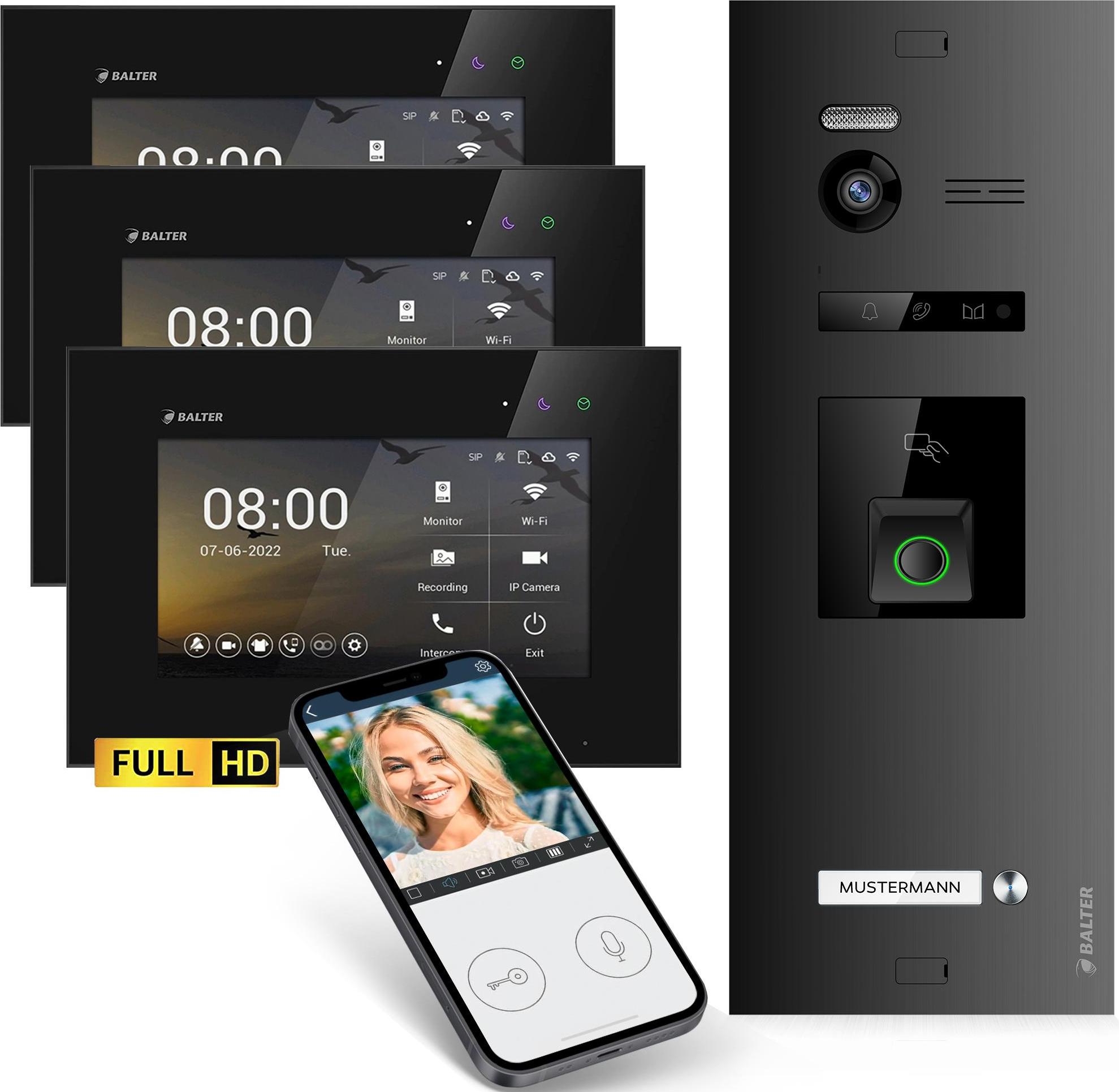 Balter EVO HD Fingerprint Video Türsprechanlage mit Fingerprint RFID und Smartphone App für 1 Familienhaus, 3x Monitore