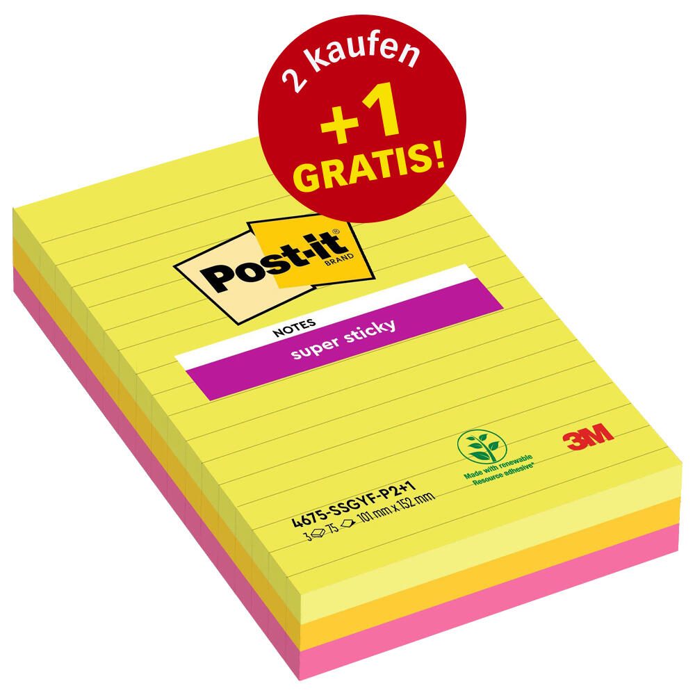 Post-it® Haftnotizen 10,1 x 15,2 cm, 2 Blöcke + GRATIS 1 Block 7100172335