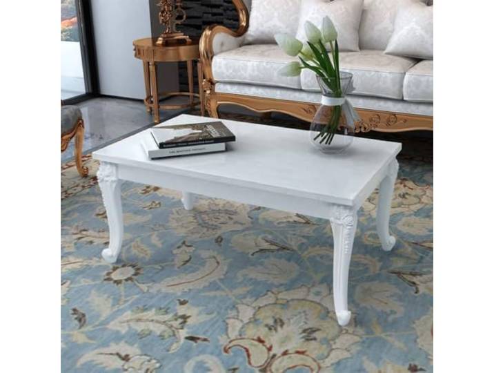 HEFZGDB Couchtisch Hochglanz-Weiß 100x50x42 cm Holzwerkstoff mit 4 verzierten Kunststoffbeinen für Wohnzimmer, robuster Beistelltisch mit eleganter Tischplatte, langlebiges