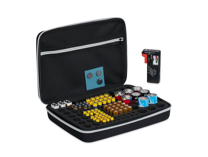 Relaxdays Batteriekoffer mit Tester, für AA, AAA, C, D & 9V-Blockbatterie, Aufbewahrungsbox 134 Batterien, schwarz