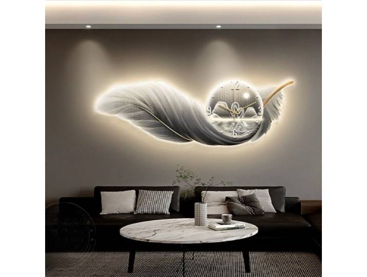 Horloge murale de luxe nordique LED Plume 3D Peinture décorative Grande horloge murale Horloge numérique murale Décoration de salon