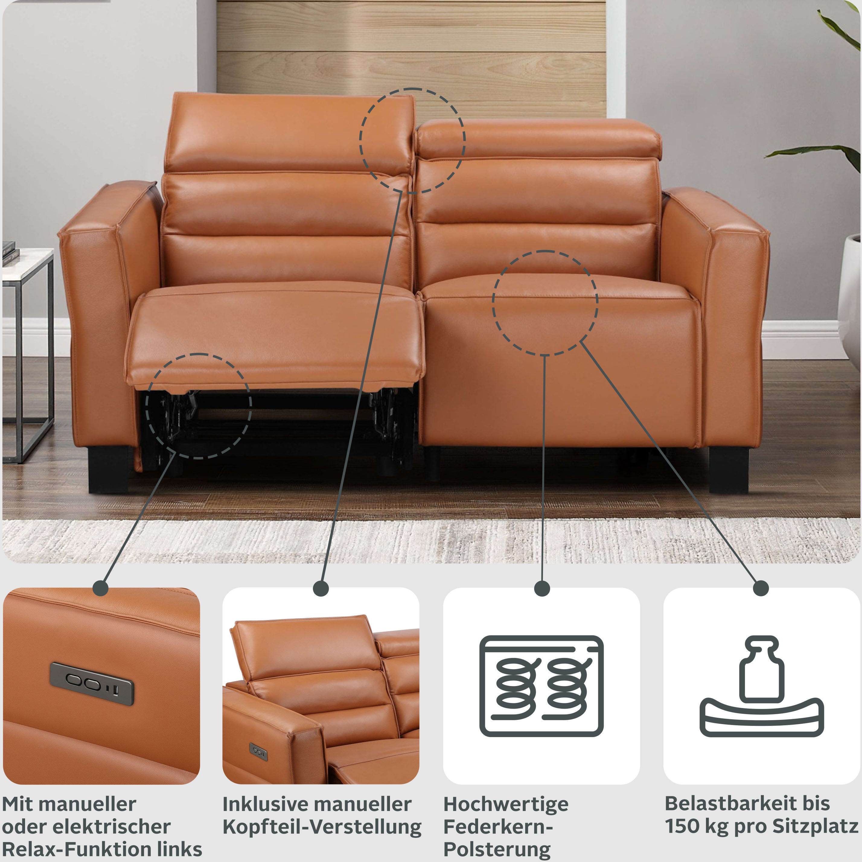 2-Sitzer GOODPRODUCT "Carpari Lederoptik, 162 cm, man./elektr. Relaxfunktion", braun (cognac), B:162cm H:97cm T:100cm, Sofas, 2-Sitzer, (USB A/C), sowie Kopfteilverstellung cognac B/H/T: 162cm x 97cm x 100cm, Kunstleder,manuelle Relaxfunktion auf linker S