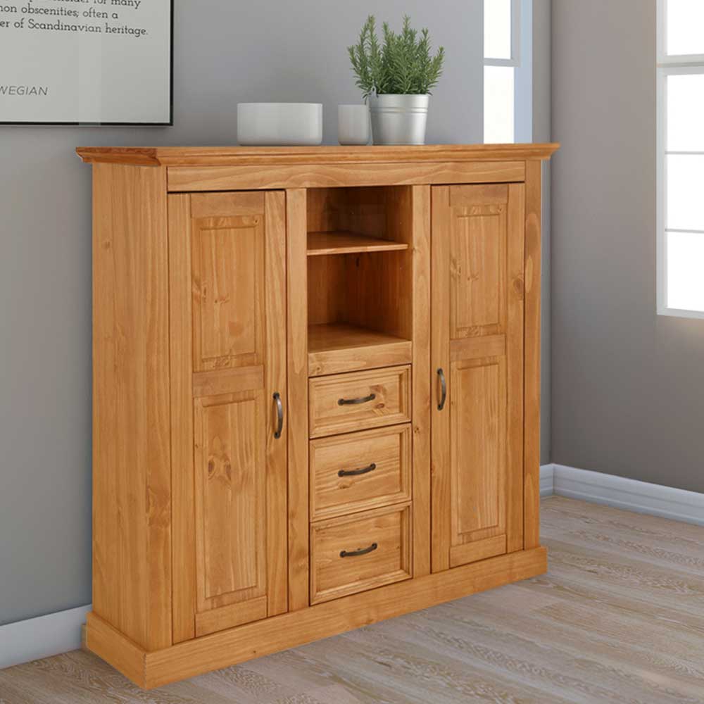 Pharao24.de Kommode Highboard mit drei Schubladen und Drehtüren