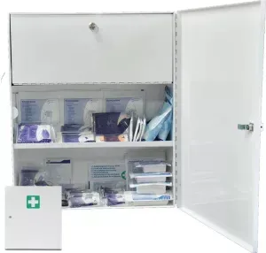GRAMM medical healthcare GmbH Erste Hilfe Metall Verbandschrank, weiß, 550 x 175 x 455 mm, mit Inhalt DIN 13169, Modell C 418.036.00700