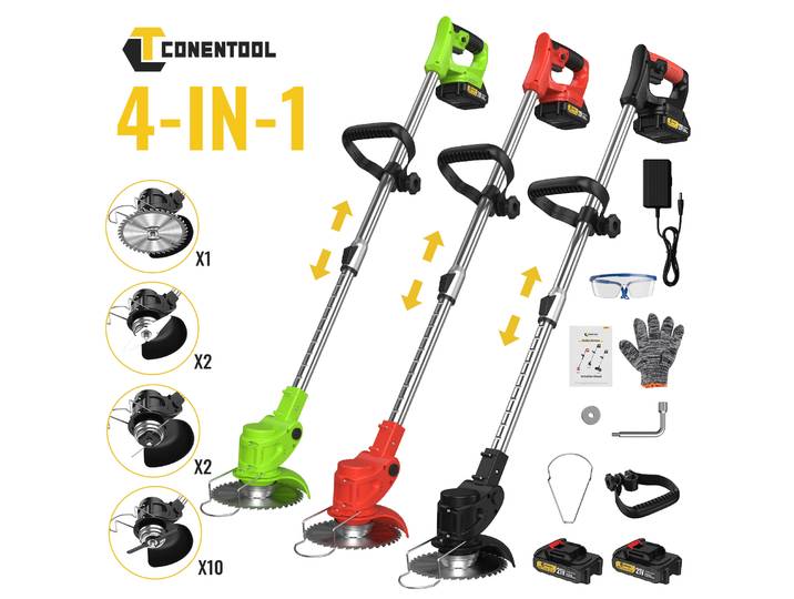 CONENTOOL 4 in1 tondeuse à gazon sans fil débroussailleuse tondeuse électrique débroussailleuse avec 2 lames de Batteries outil de jardin pelouse cour