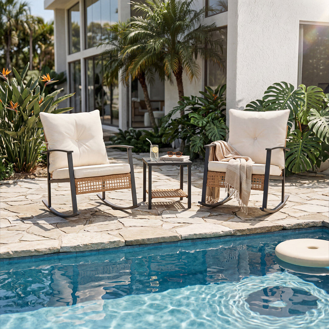 Caldion 3-Piece Rattan Rocking Bistro Set with Double-Tier Table - Outdoor Water Resistant Patio Set White