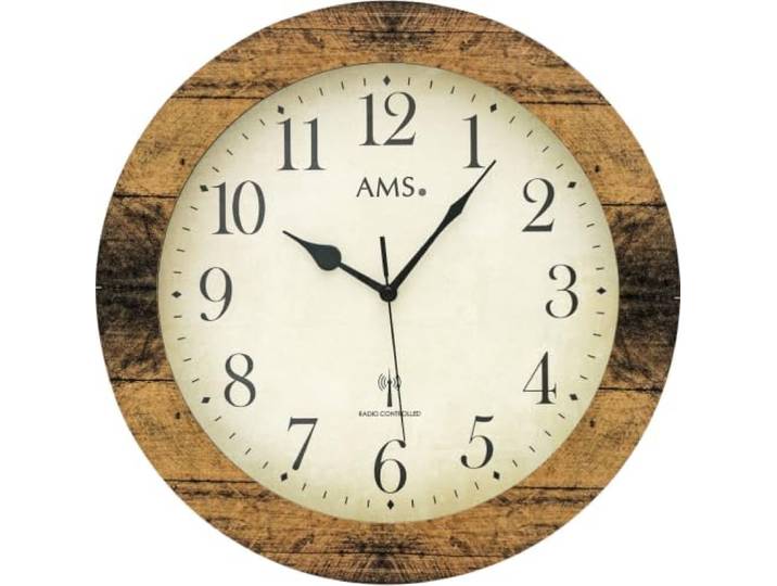AMS 5560 Wanduhr Rund aus Holz in Nussbaumoptik mit Mineralglas