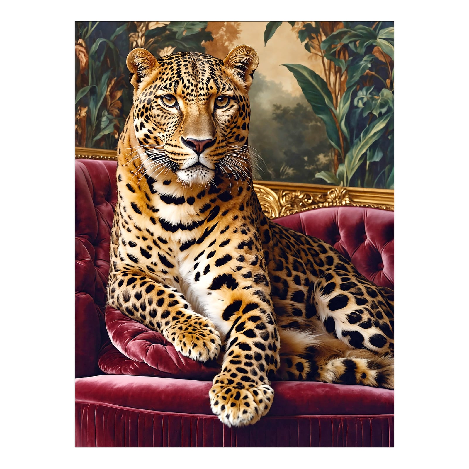 home24 Big Cat On The Couch II Canvas Wanddecoratie, Groen/Bruin/Rood, 57 x 77 x 2 cm