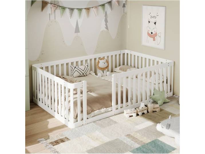 Lit Enfant 90x200 En Pin Blanc Cadre De Lit Avec Barriere FloraGrace Pour Chambre D Enfant Facile A Assembler 204x94x60cm