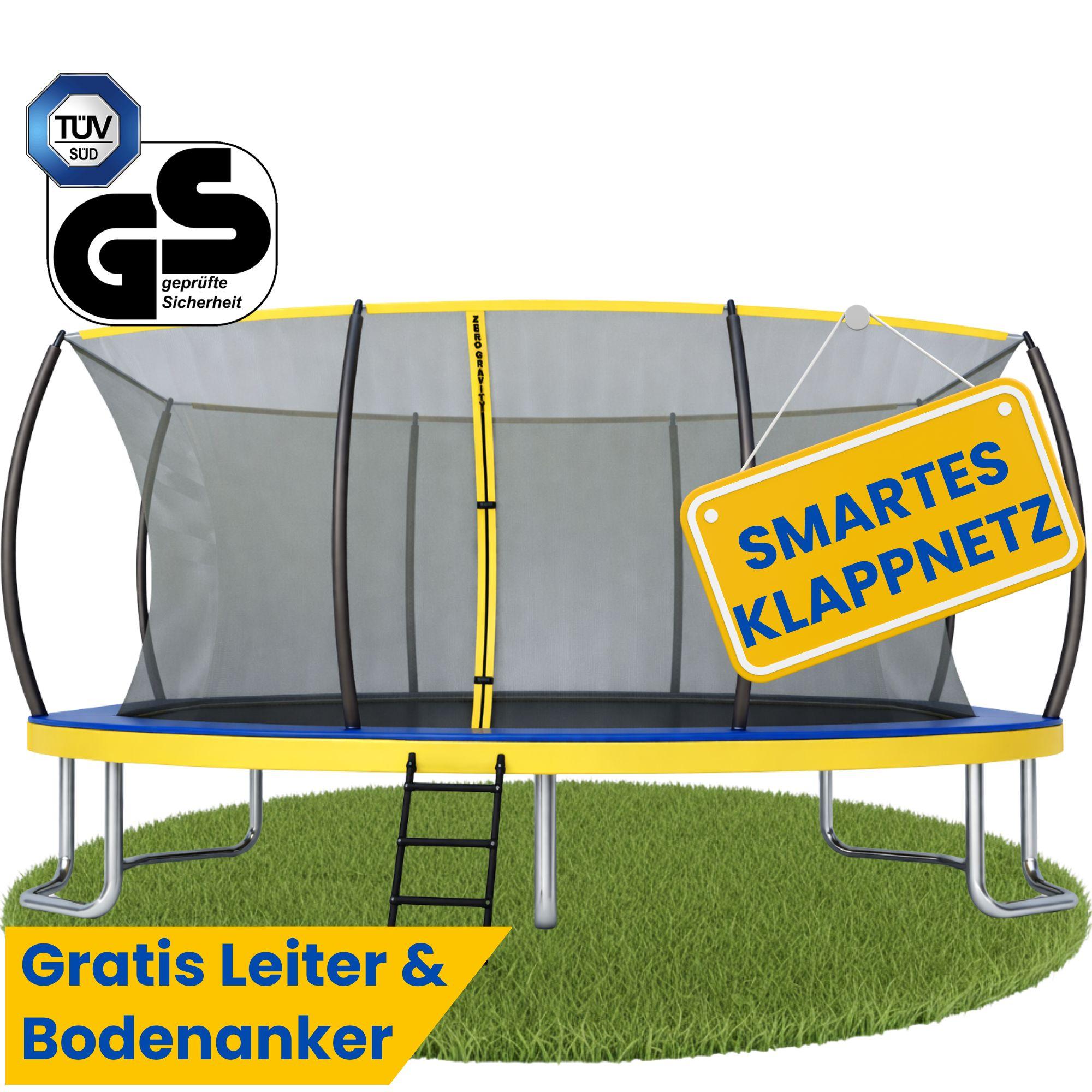 Zero Gravity Trampolin 457x305 cm inkl. Leiter & 4 Bodenanker / Schneller Auf- und Abbau dank smartem Klappnetz / Max. 130 kg / Ultima 5 Fun-Edition