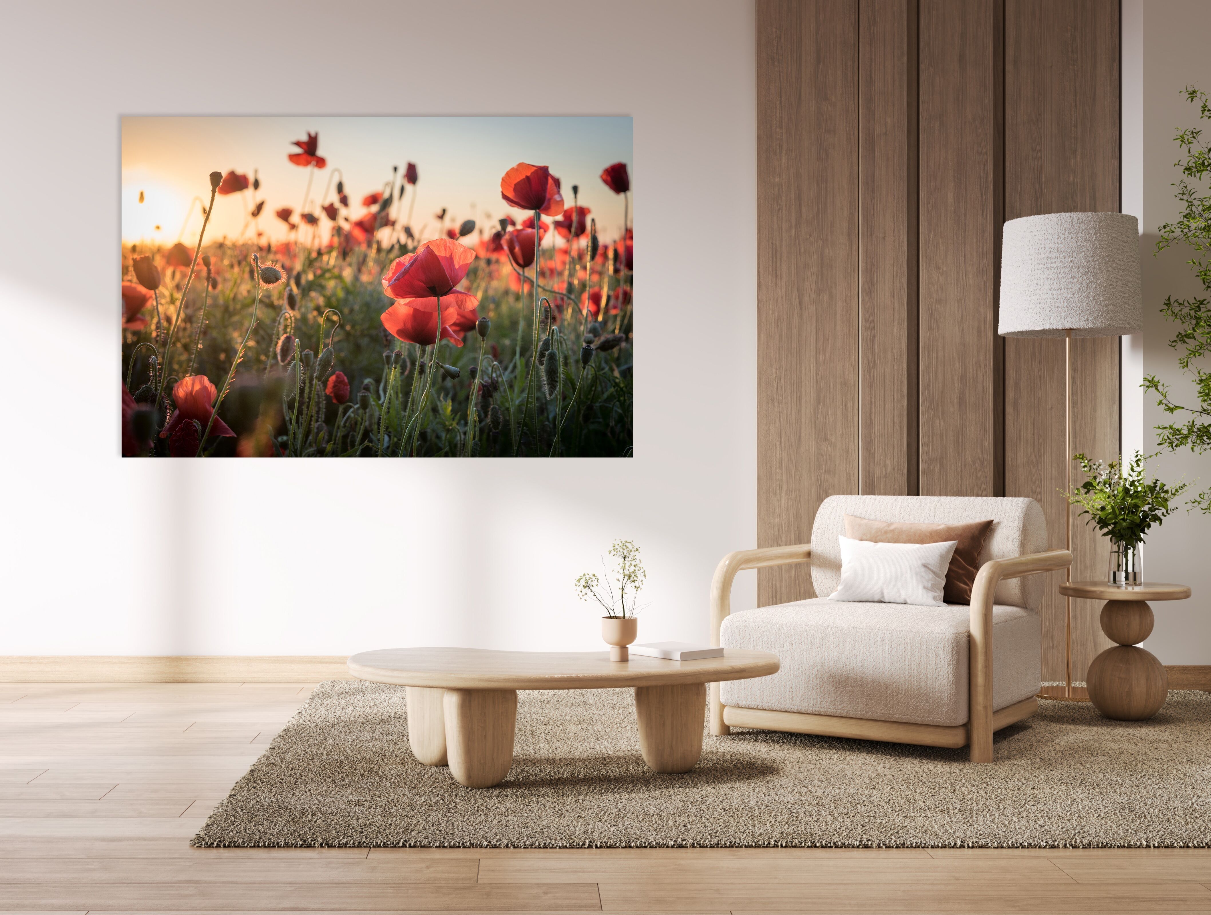 Acrylglasbild QUEENCE "Mohnblumenfeld mit Sonnenaufgang, Mohnblume", rot (farbe bild(er): grün,rot,gelb), B:90cm H:60cm, Acrylglas, Bilder, Acrylglasbild, mit schwebender 3D Tiefenwirkung, dank der rahmenlosen Befestigung farbe bild(er): grün,rot,gelb B/H