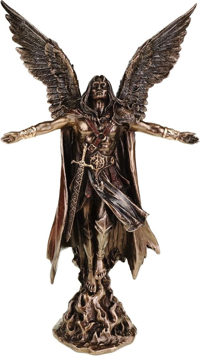 Aartsengel Uriel sculptuur - Handgemaakt bronskleurig engelbeeld - Hoogte: 28 cm