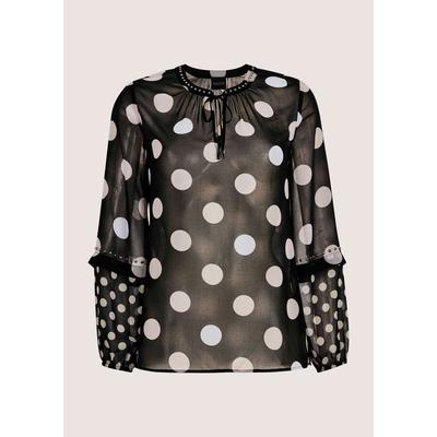 Langarmbluse MADELEINE "Chiffonbluse Elegante Bluse mit Pünktchen-Druck", Damen, Gr. 34, schwarz (schwarz, weiß), Obermaterial: 100% Polyester PES., Modern, Blusen, Mit Bindeband und Schlitz