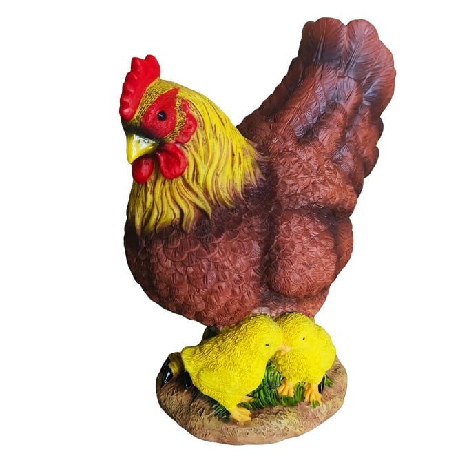 Relaxdays Tuinfiguur Kip, moederkip met kuikens, meerkleurig