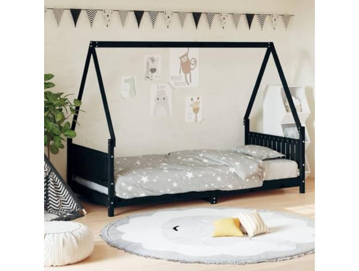 LPERTGFHU Kinderbett Massivholz Kiefer Hausform Bettgestell Schwarz 90x190 Lattenrost inklusive, Rustikale Optik, Stabiler Aufbau