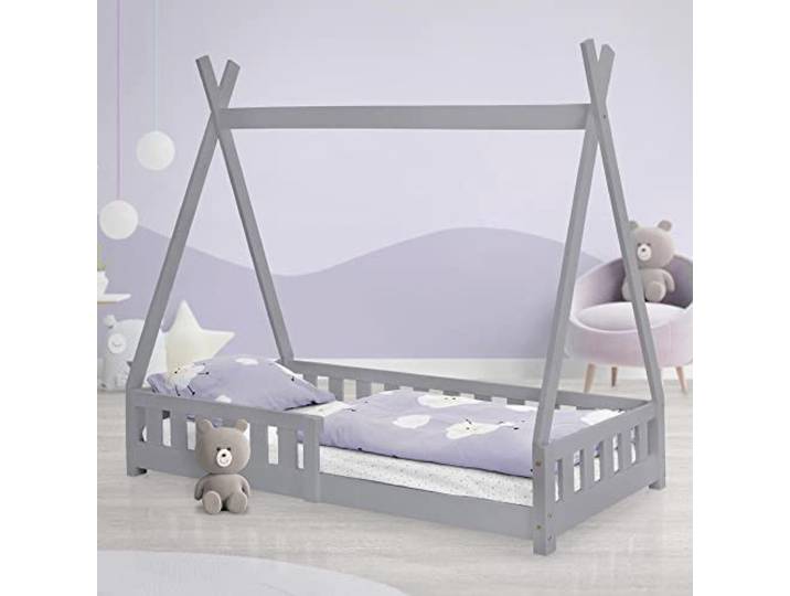 ML-Design Kinderbett Tipi 80x160 cm Hellgrau mit Rausfallschutz und Lattenrost, Kiefernholz, Indianer Bett für Mädchen & Jungen, Hausbett mit Zaun, Bodenbett Kinderhaus Jugendbett Spielbett Zelt