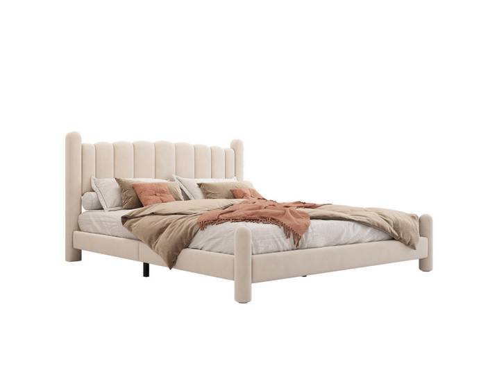 Redom Polsterbett 180/200 cm mit Lattenrost, wellenförmigem Kopfteil und zylindrischen Füßen aus Samt, Beige, 180x200 cm, Schlafzimmer, Betten, Polsterbetten