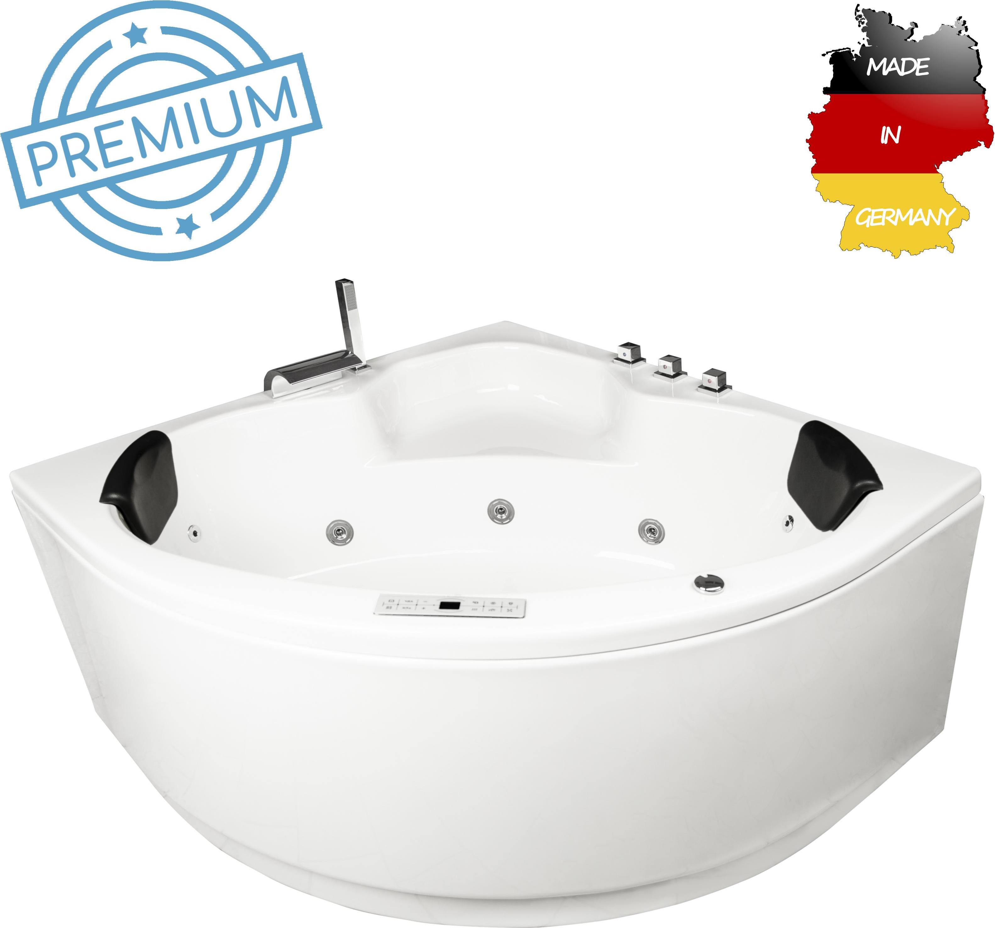 Basera PREMIUM Indoor Eck-Whirlpool Badewanne Maui 130 x 130 cm mit 21 Massagedüsen, Heizung, Ozongenerator, Bodenansaugung, Wasserfall, LED-Ambiente, Touchpanel, Bluetooth, Radio