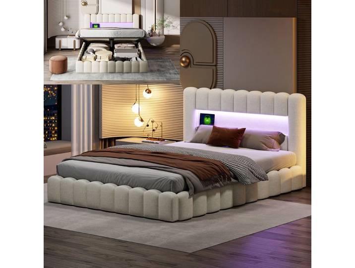 Lit 180x200 cm - LED - USB - tissu en Lin - cadre de lit adulte - lit double 180x200 cm - 180x200 cm - Beige