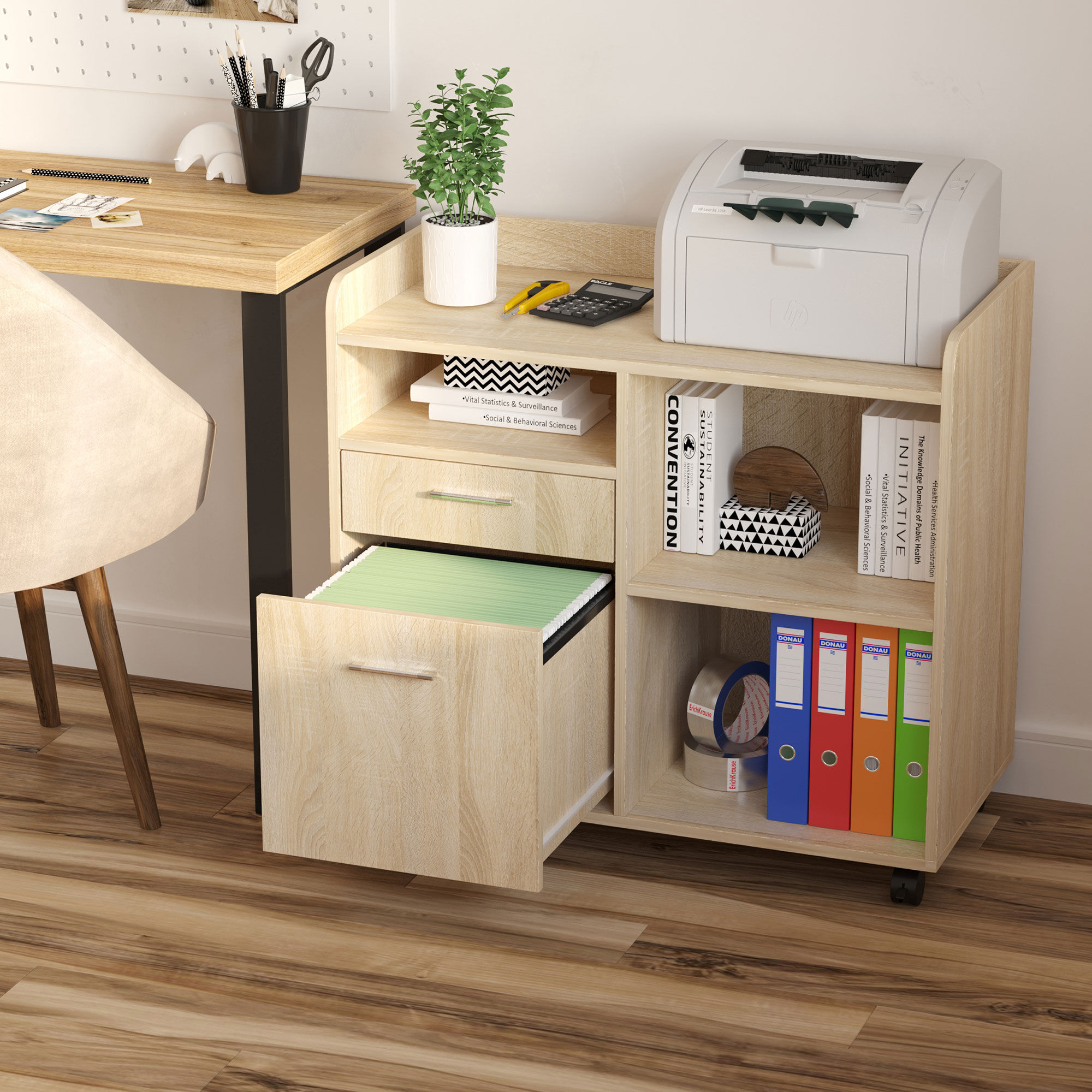 Altro Mobile Porta Stampante, Mobile Ufficio, Mobiletto Basso, Mobile Multiuso Con 4 Ruote, Rovere, 80x40x72cm