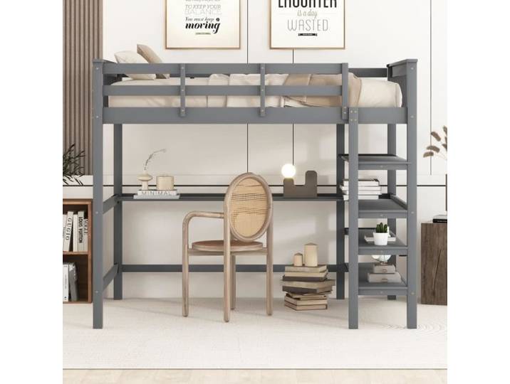 Lit mezzanine en bois 140x200cm avec bureau et étagère de rangement - MODERNLUXE - Gris