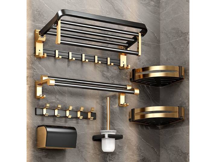 Porte-serviettes mural en aluminium noir doré sans perçage, étagère de salle de bain, support de serviettes, antirouille, gain de place, porte-serviettes de luxe pour salle de bain