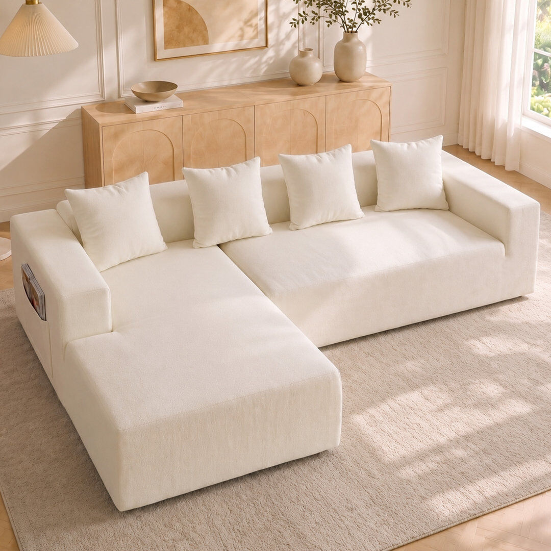 Metro Modern Oversized 262cm Boneless Corner Sofa L-Shaped Chenille Sofa With Storage Pockets White 80cm H X 261cm W X 156cm D