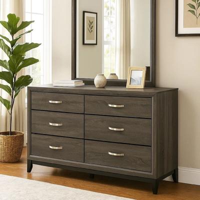 Benjara 58 Inch Modern 6 Drawer Dresser, Wood Frame, Gray Finish