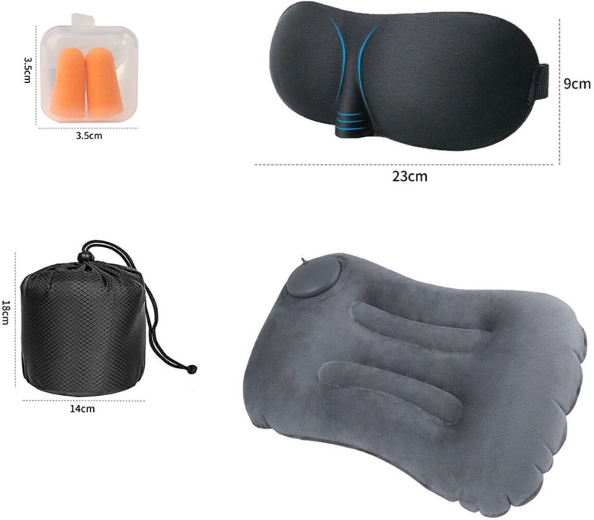 INF Crystal-Velours Auf Knopfdruck aufblasbares U-förmiges Nackenkissen-Set mit 3D-Schlafmaske, Ohrstöpseln und schwarzer Grau