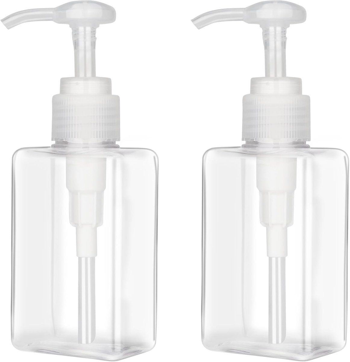 Set van 2 navulbare platte vierkante plastic pompflacons van 150 ml, transparant