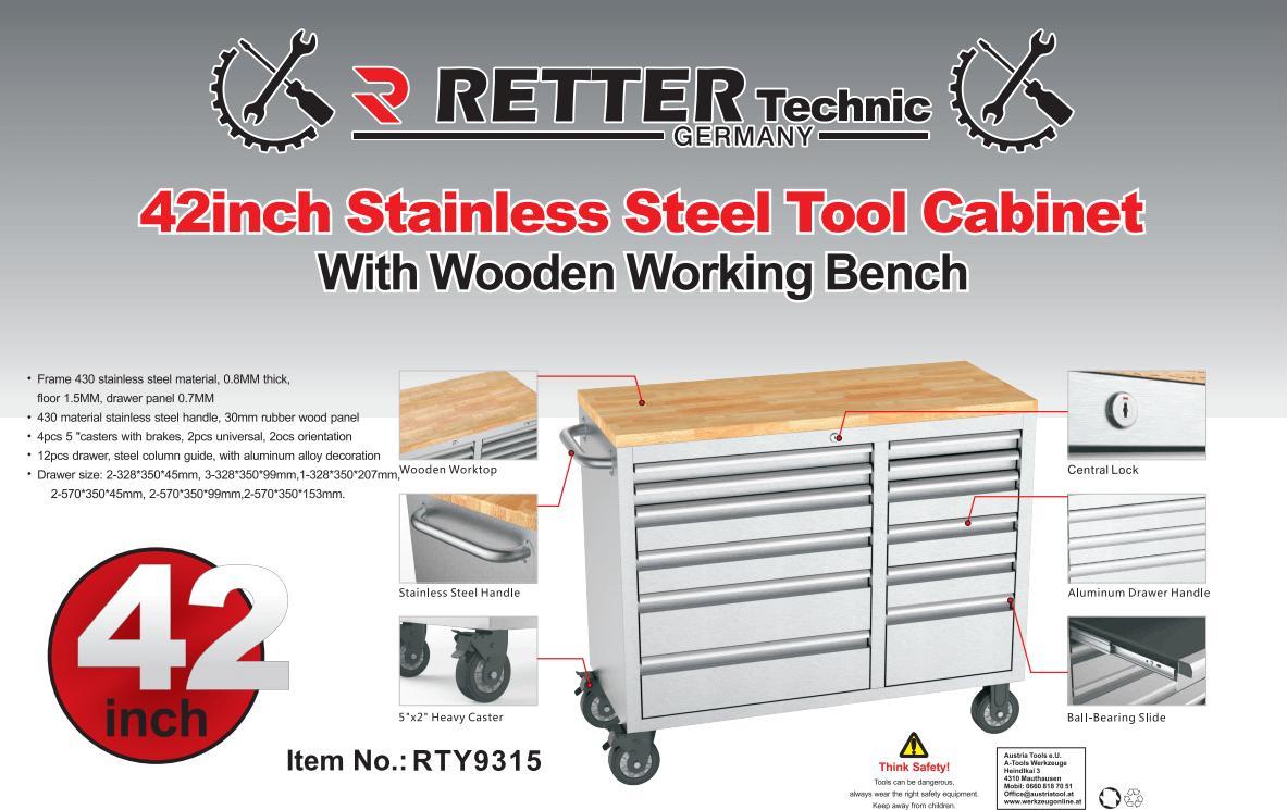 RETTER RS4 Workstation Edelstahl Massivholz 12 Schubladen Werkzeugwagen