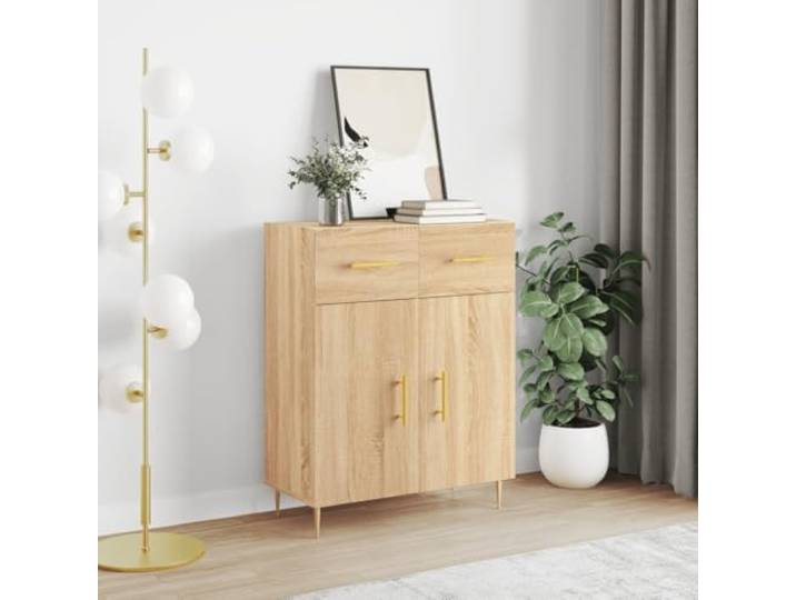 HEFZGDB Stabiles Sideboard Sonoma-Eiche Holzwerkstoff für Wohnzimmer Aufbewahrung mit Metallbeinen und Stauraum im zeitlosen Design mit Türen und Schubladen, Sicherung durch mitgelieferte