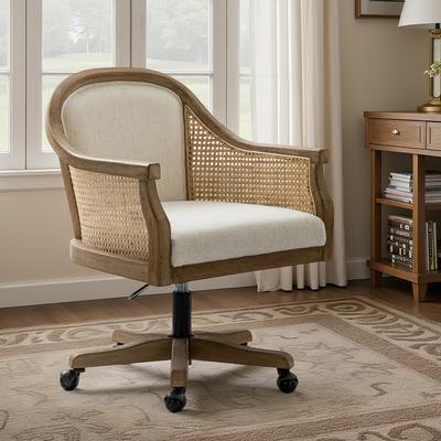 HULALA HOME Danilo Farmhouse 360 Degree Swivel Height Adjustable Rattan Desk Chair with RubberWood