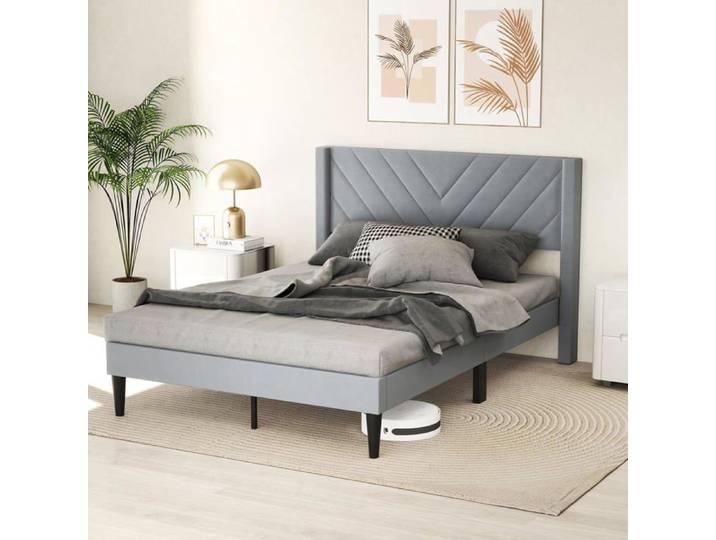 GIANTEX Lit Double Rembourré 211 x 155 cm avec Tête de Lit en Tissu de Velours Doux Soutenu par des Lattes en Bois StyleB