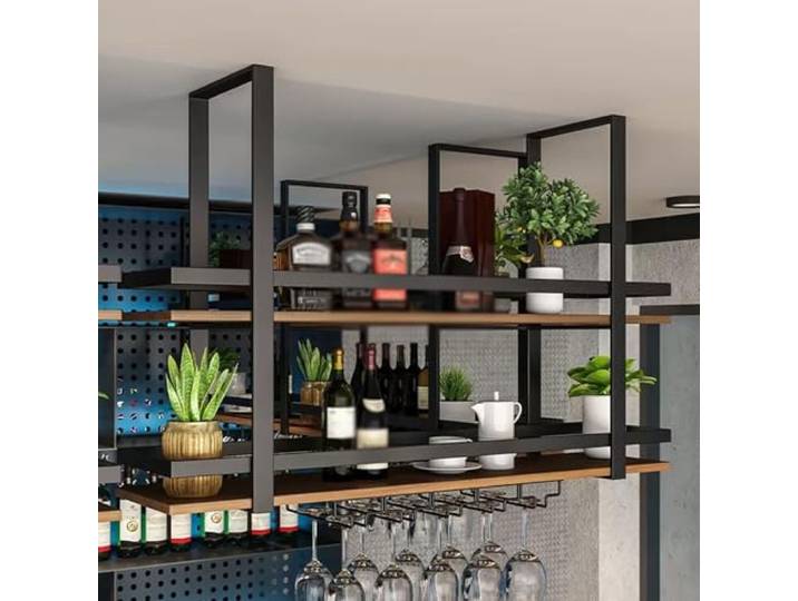 DSEWTEZXI Hängender Bar Metall Weinregal, modern Cafe deckenregal, Industrielles hängend weinglashalter, wandmontage Küchen hängeregal, Weinflasche Display Rack,Deckenmontiertes Lagerregal,(120cm)