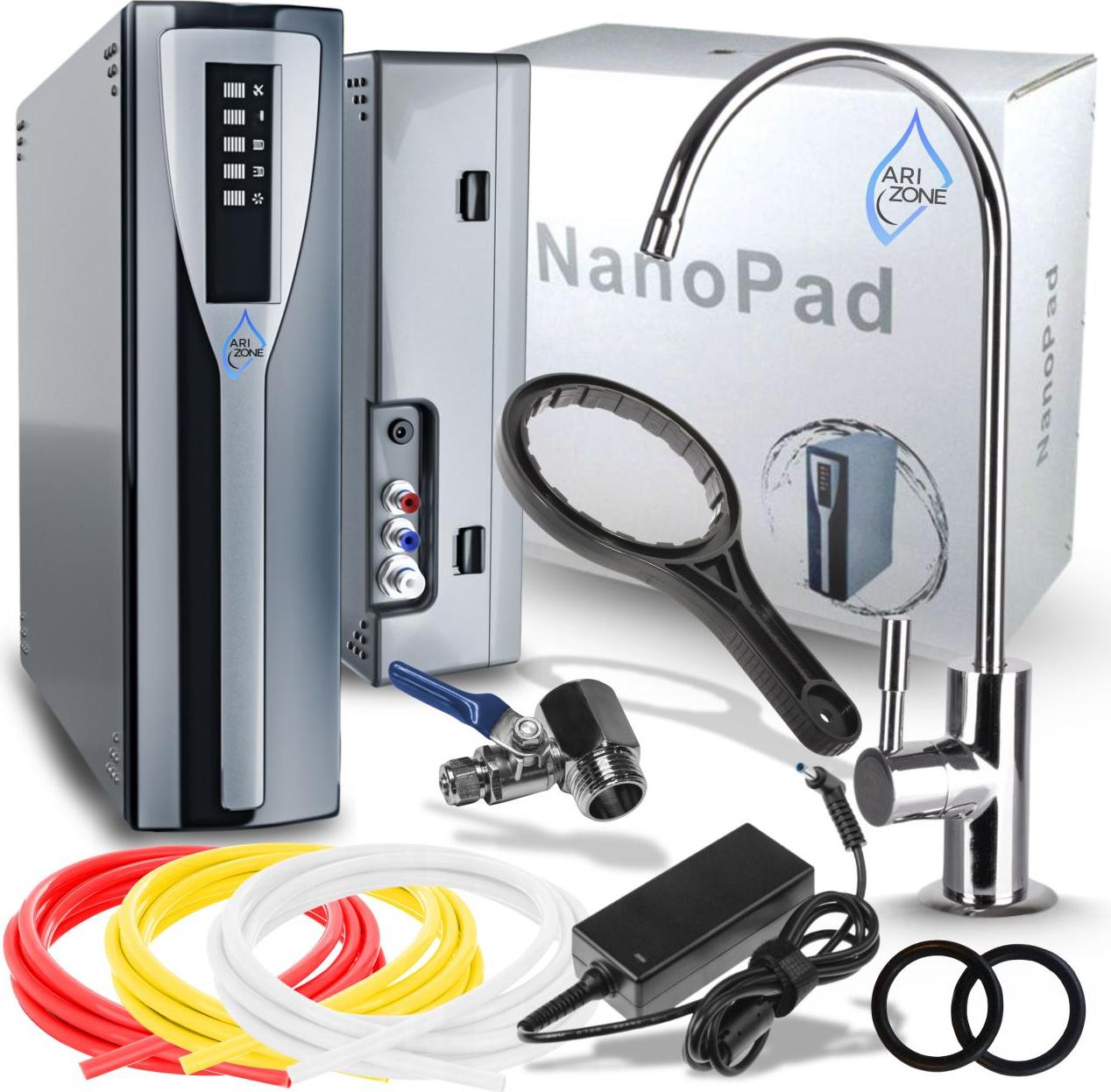 Umkehrosmose Wasserfilter RO Pad, Nano Filtration ohne Tank, zwei Membranen, automatische Membran Spulung, mit Display und Leckagesensor