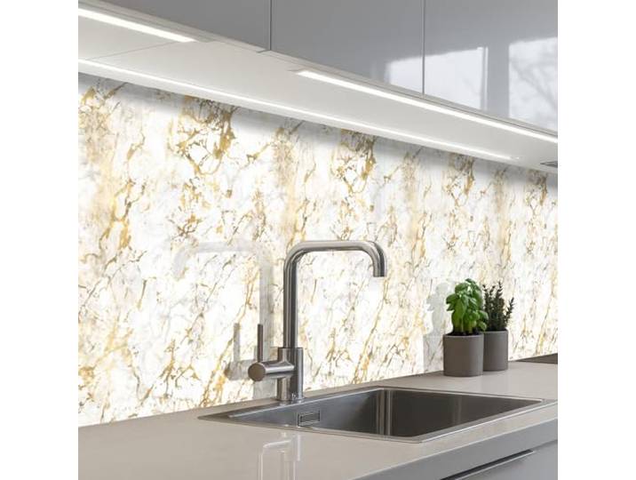 KitchenYeah© Spritzschutz Küchenrückwand Küche Abwaschbar Selbstklebend 60x350 cm - Küchenwand Küchenfront Küchen Rückenwand Wandschutz Goldspritzer - Weiß - Marmor