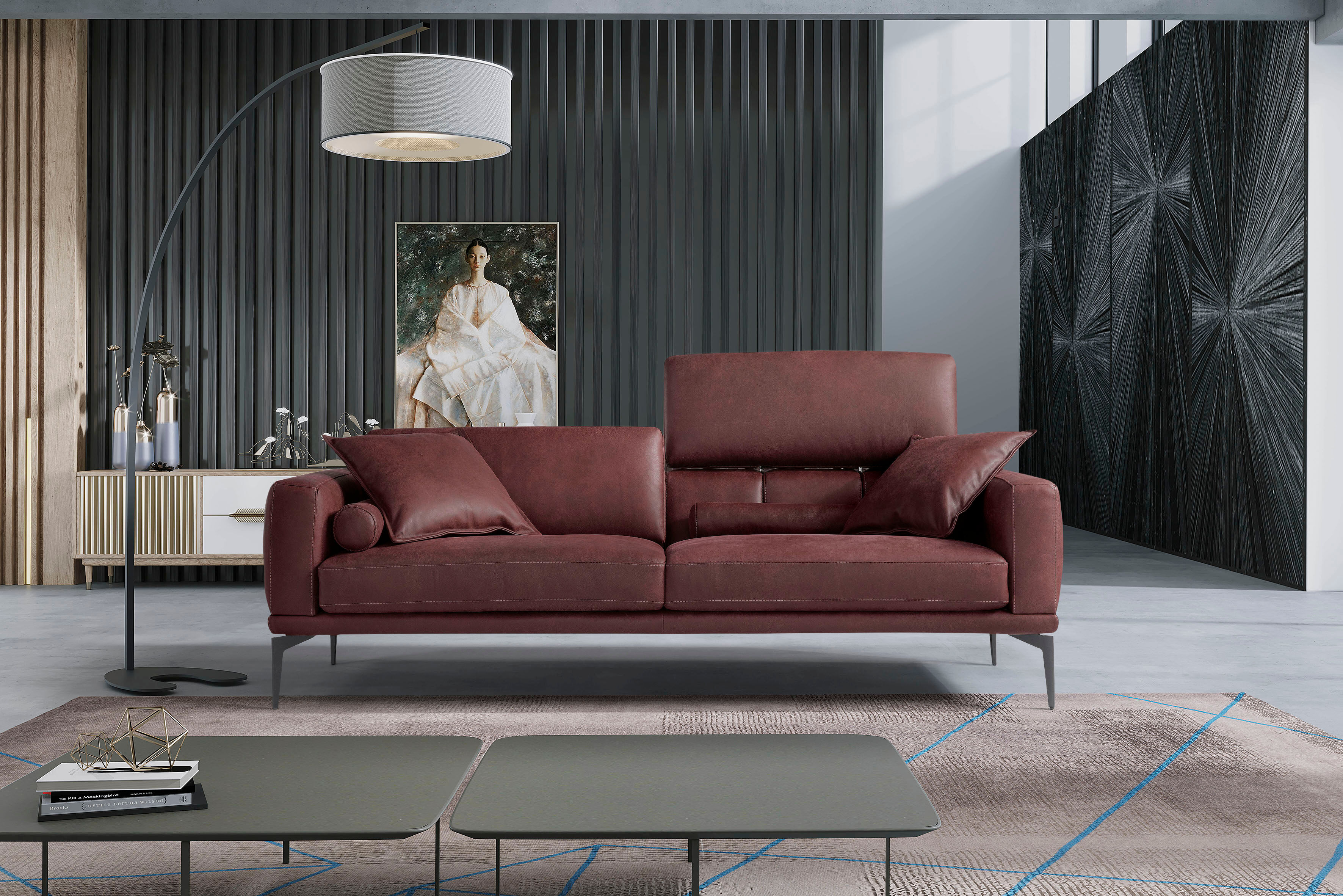 2,5-Sitzer EGOITALIANO "Masu, Designsofa mit erstklassigem Sitzkomfort, Breite 218cm", rot (burgundy), B:218cm H:95cm T:97cm, Leder CAREZZA (echtes Rindsleder) ist ein Naturleder, dass die ursprünglichen Eigenschaften der Haut nicht verändert. Das Vorhand