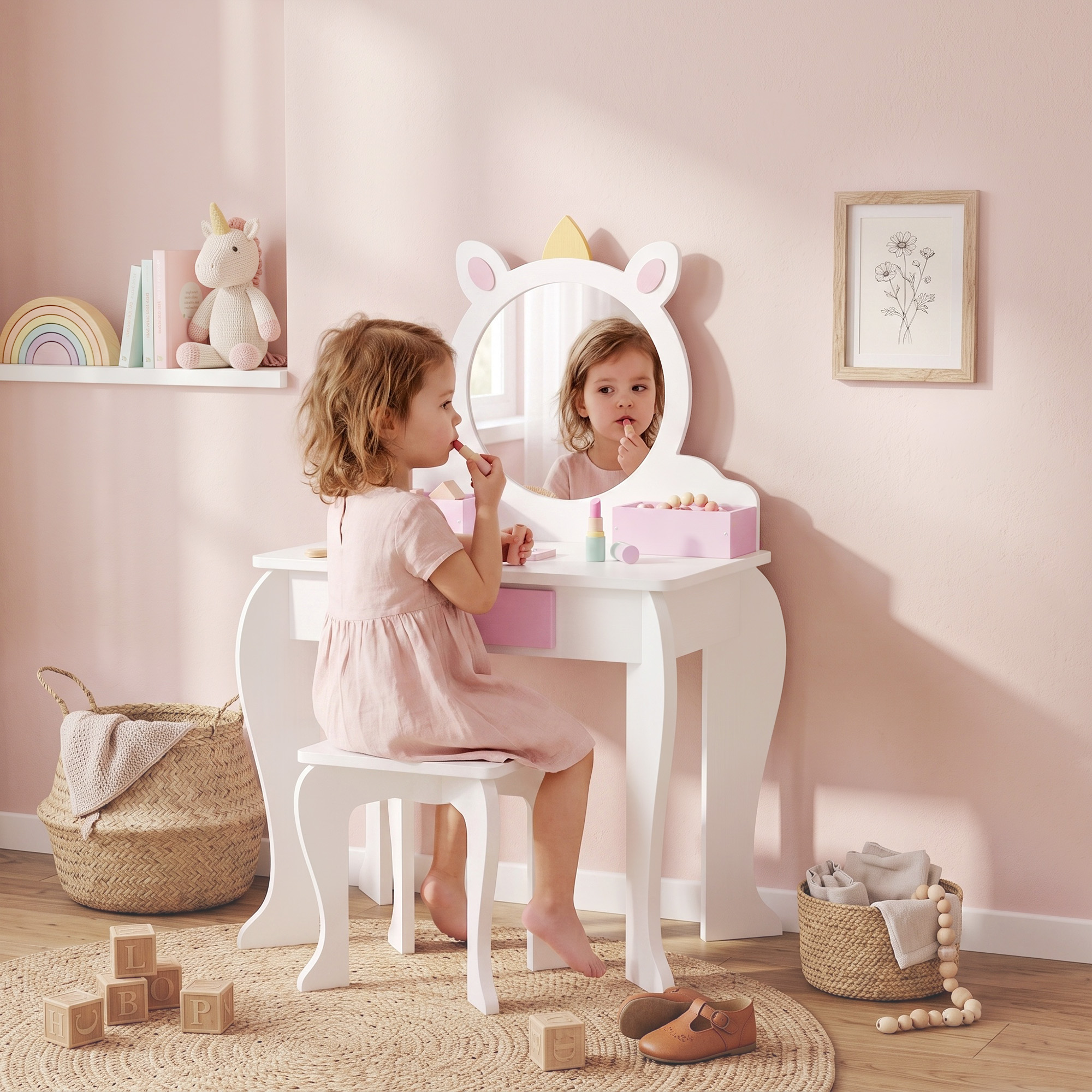 Zonekiz Set Toeletta Trucco Bambina con Sgabello, Postazione Trucco in Legno con Specchio Rotondo in Acrilico, 2 Scatole Portaoggetti, Design Unicorno, Tavolo Trucco per Bimbi 3-6 Anni, Rosa   Aosom Italy
