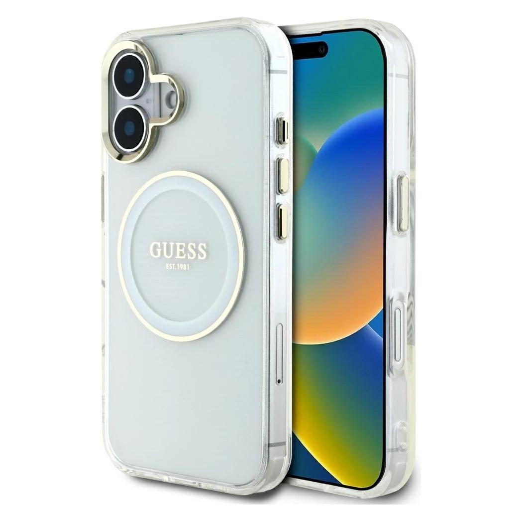 Guess Case IML Metal Colored Circle Classic Logo MagSafe for iPhone 16 white (Apple iPhone 16) (GUHMP16SHTDRCEDH)