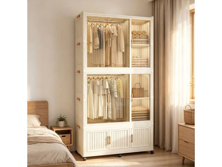 WOVREO Armoire modulaire pliable 9 portes magnétiques 2 tringles 6 roulettes verrouillables blanc crème