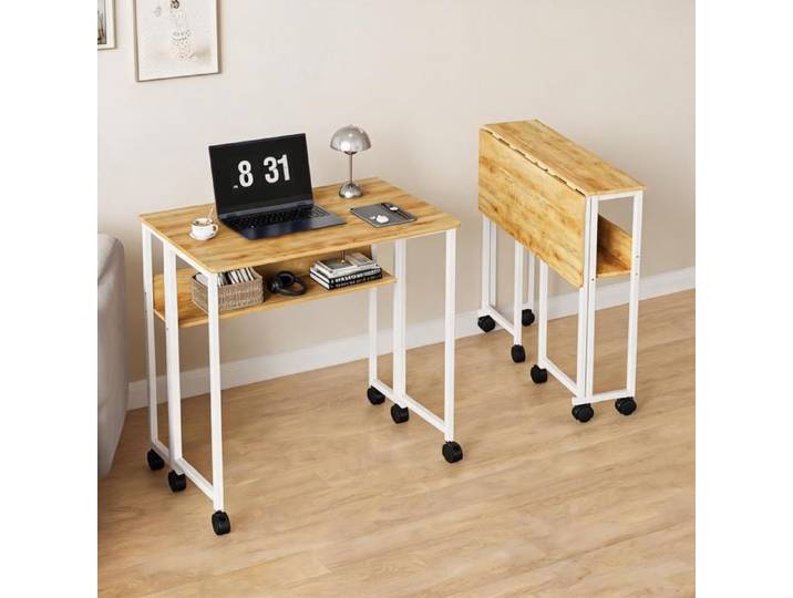 Bureau pliant compact avec roulettes et étagère - Gain de place - 6 roues 360° - 63 x 50 × 75 cm - Chêne