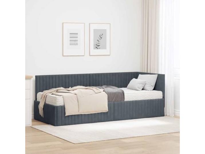 RJPLMFV Eckbettgestell, Velours, Grau, mit Matratze, 2-teilig Wandmontiertes Kopfteil, Lattenrost, Bezug aus Poly-Samt, einfache Reinigung, einfache Montage