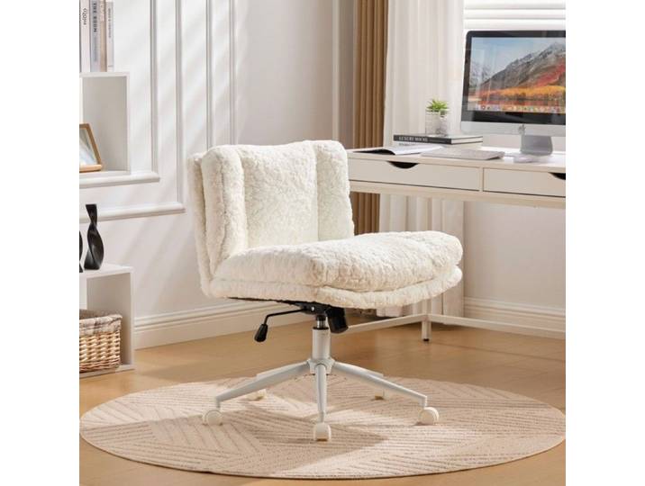 Chaise Bureau Crème 63x67x94cm - Poils Lapin Artificiels - Base Métal Pivotante - Réglable Coiffeuse - Design Confort Luxe